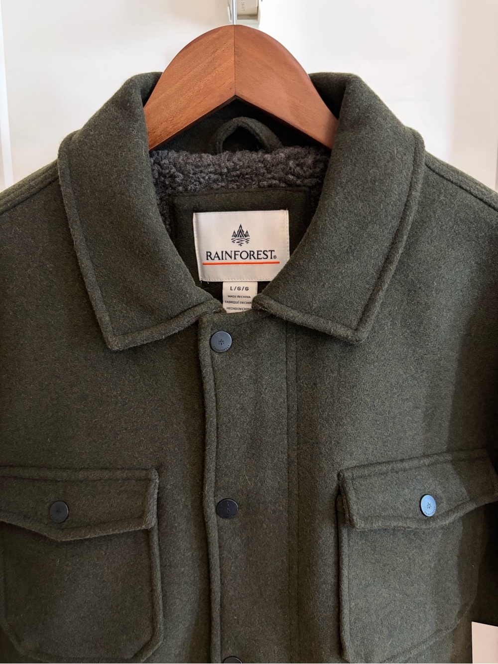 RAINFOREST Men’s Olive Green Wool Blend Military Field Jacket with Sherpa Collar